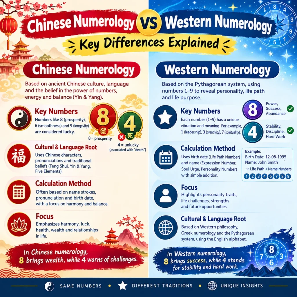Chinese vs Western Numerology comparison infographic.