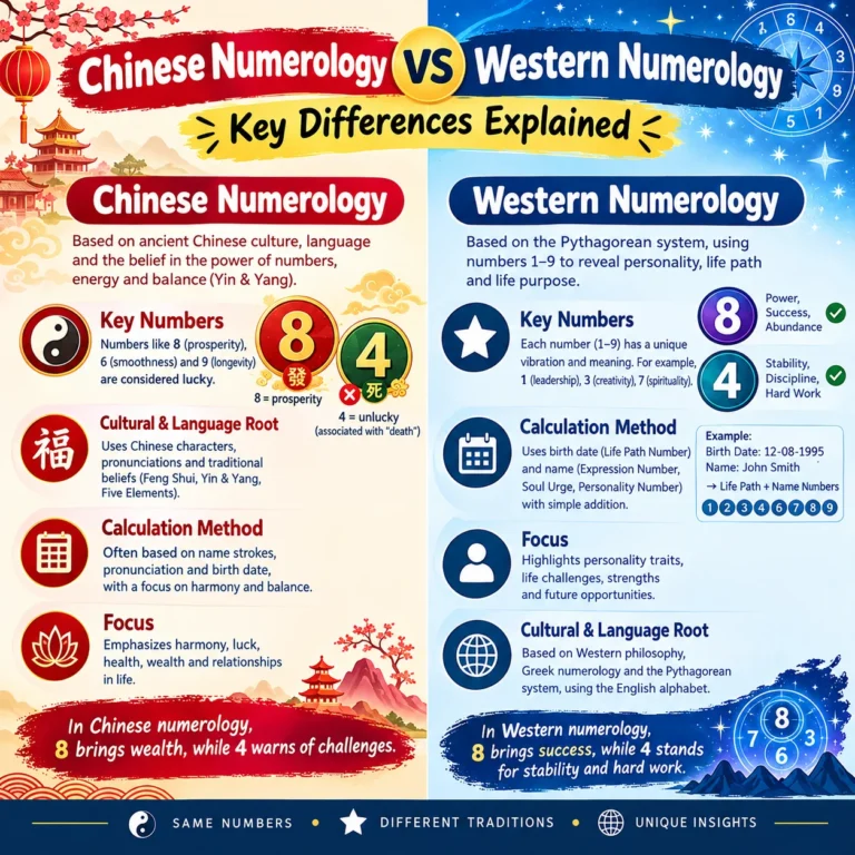 Chinese vs Western Numerology comparison infographic.